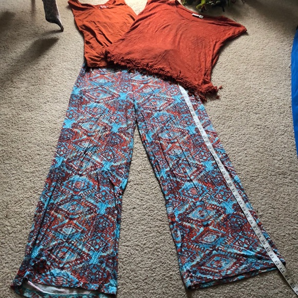 Cato Pants - Coral/Turquoise set palazzo pants tank Tassled T